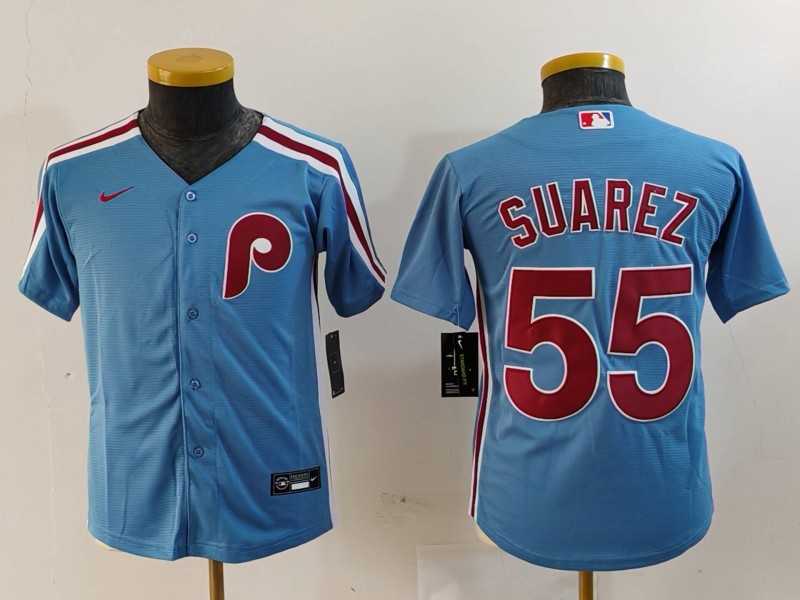 Youth Philadelphia Phillies #55 Ranger Suarez Light Blue Cooperstown Cool Base Jersey->mlb youth jerseys->MLB Jersey